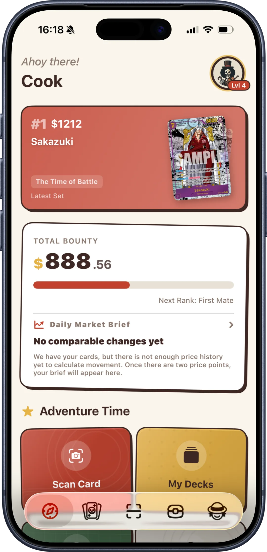Bounty home screen showing a total bounty of $888.56, the most valuable card and the Daily Market Brief