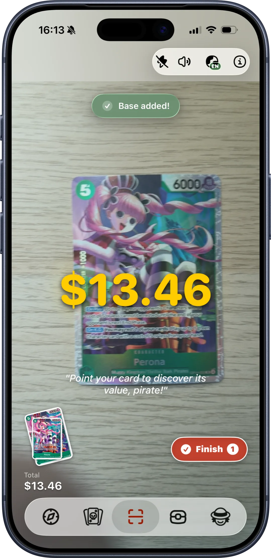 Bounty scanner identifying a Perona card in real time and showing its $13.46 market price