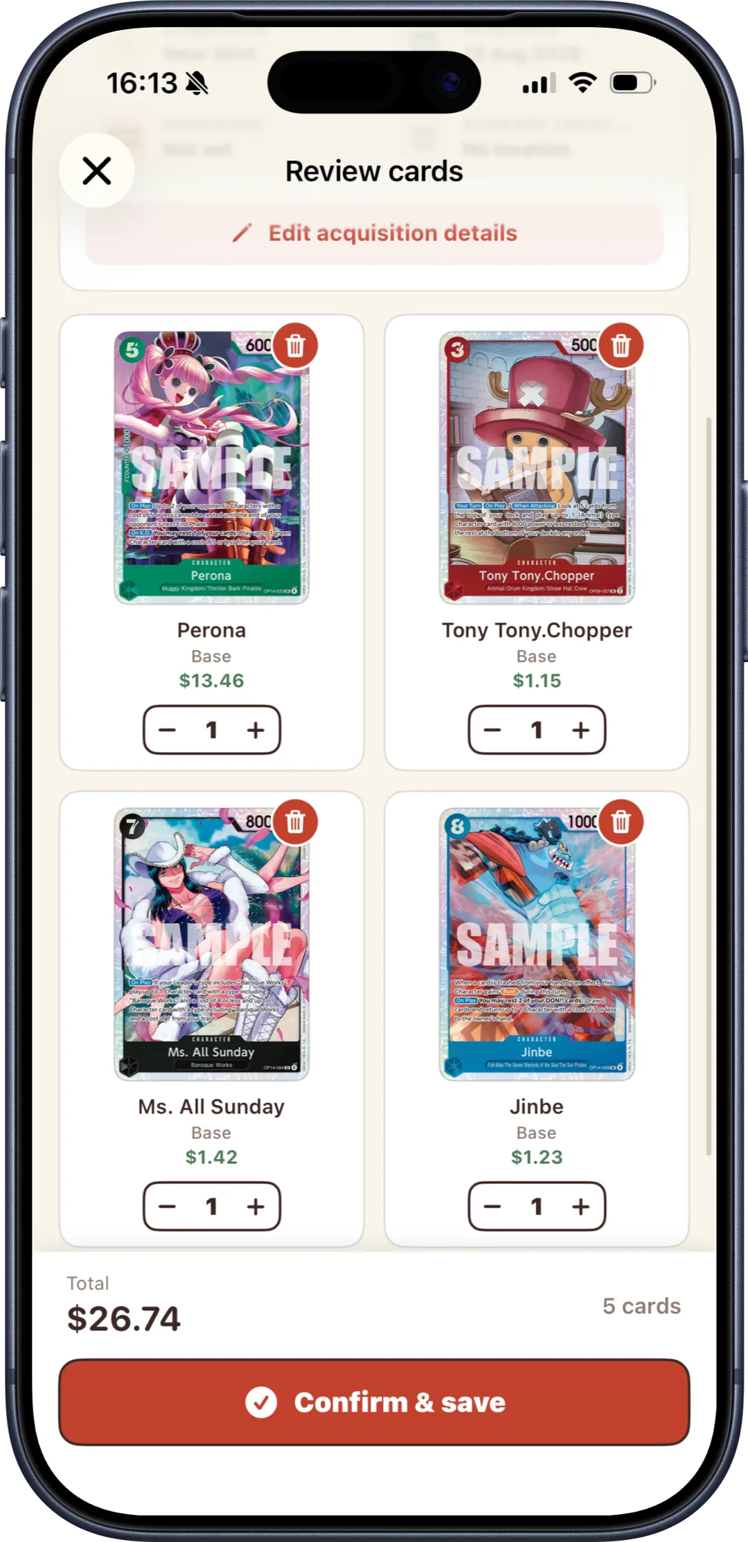 Batch scan review screen in Bounty, with per-card quantity steppers and a running total before saving