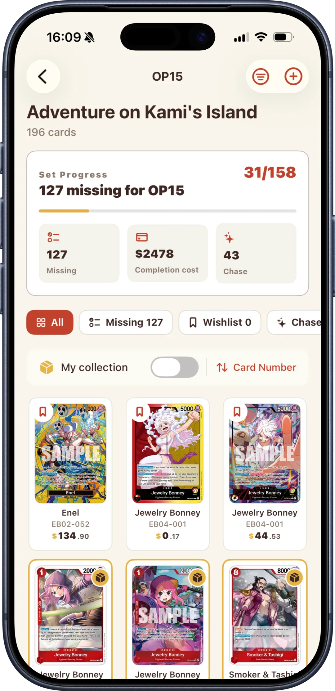 Set progress for OP15 in Bounty: 127 cards missing, $2478 completion cost and 43 chase cards