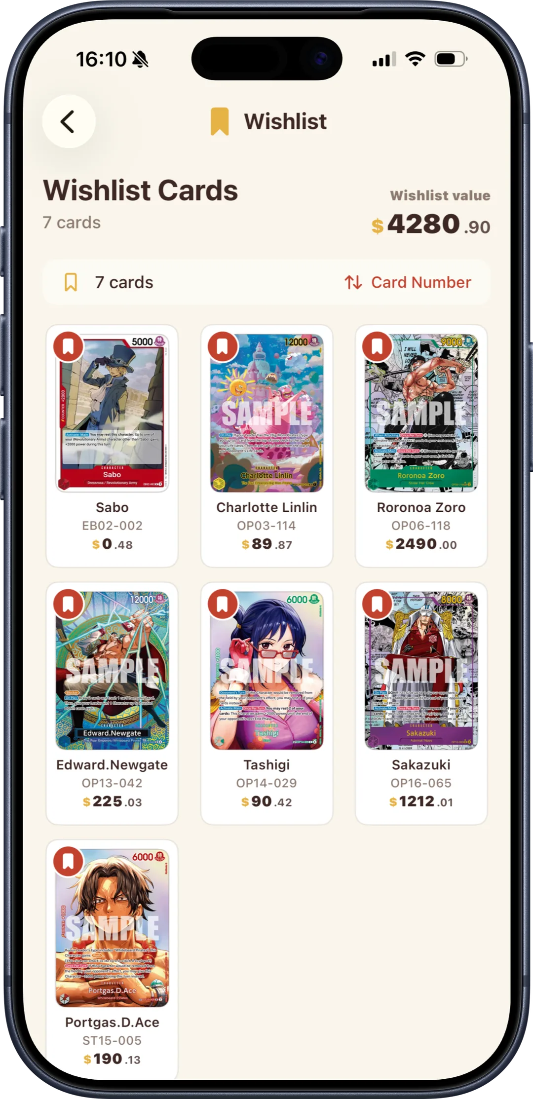 Bounty wishlist showing seven chase cards with their prices and a total wishlist value