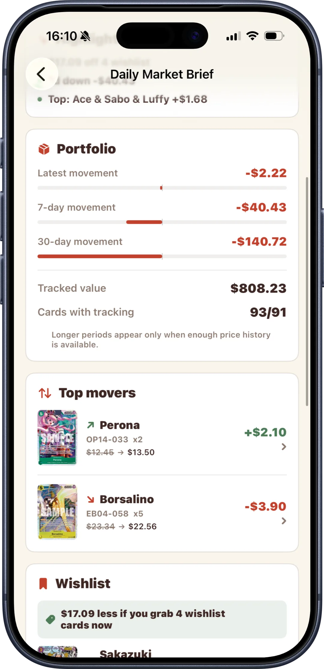 Daily Market Brief in Bounty, with 1-, 7- and 30-day portfolio movement, top movers and wishlist savings