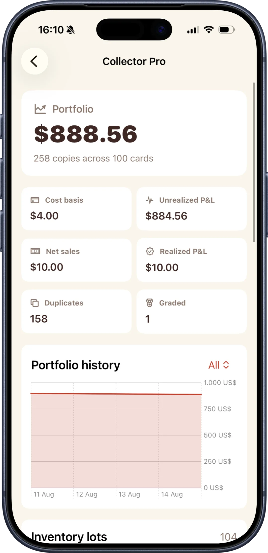 Collector Pro portfolio dashboard in Bounty, showing cost basis, unrealised and realised profit and loss, and portfolio history