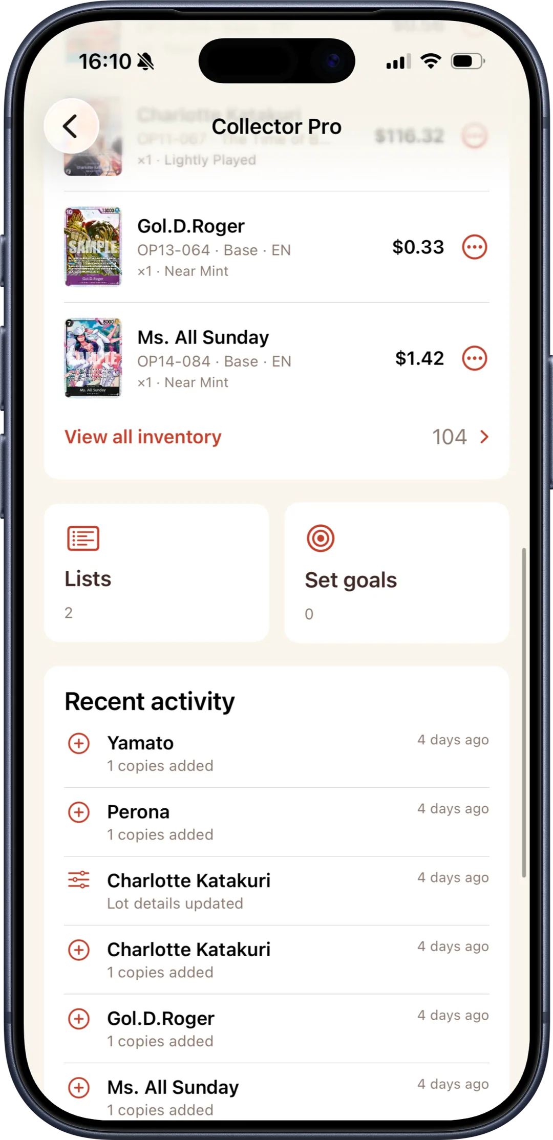 Collector Pro inventory in Bounty, listing each copy with its condition, plus lists, set goals and recent activity