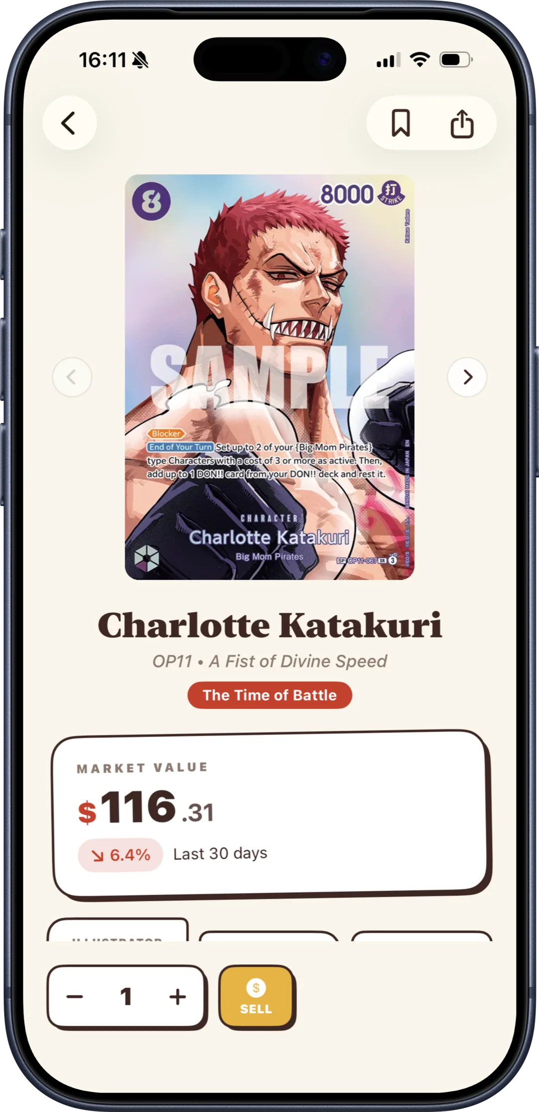 Charlotte Katakuri card detail in Bounty, showing a $116.31 market value and its 30-day change