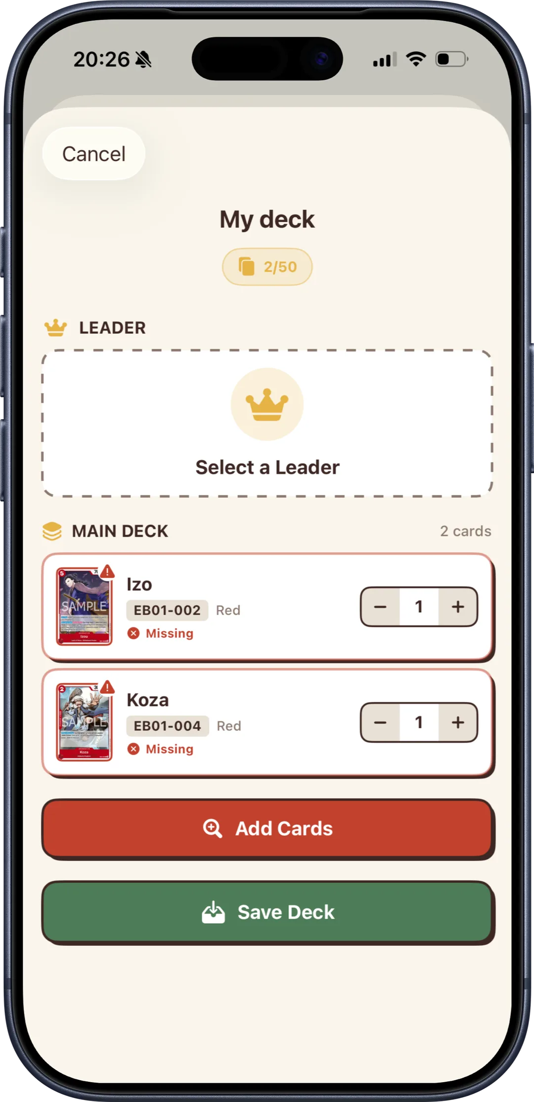 Deck builder in Bounty, showing a 2 of 50 card deck with the leader slot and cards flagged as missing from the collection