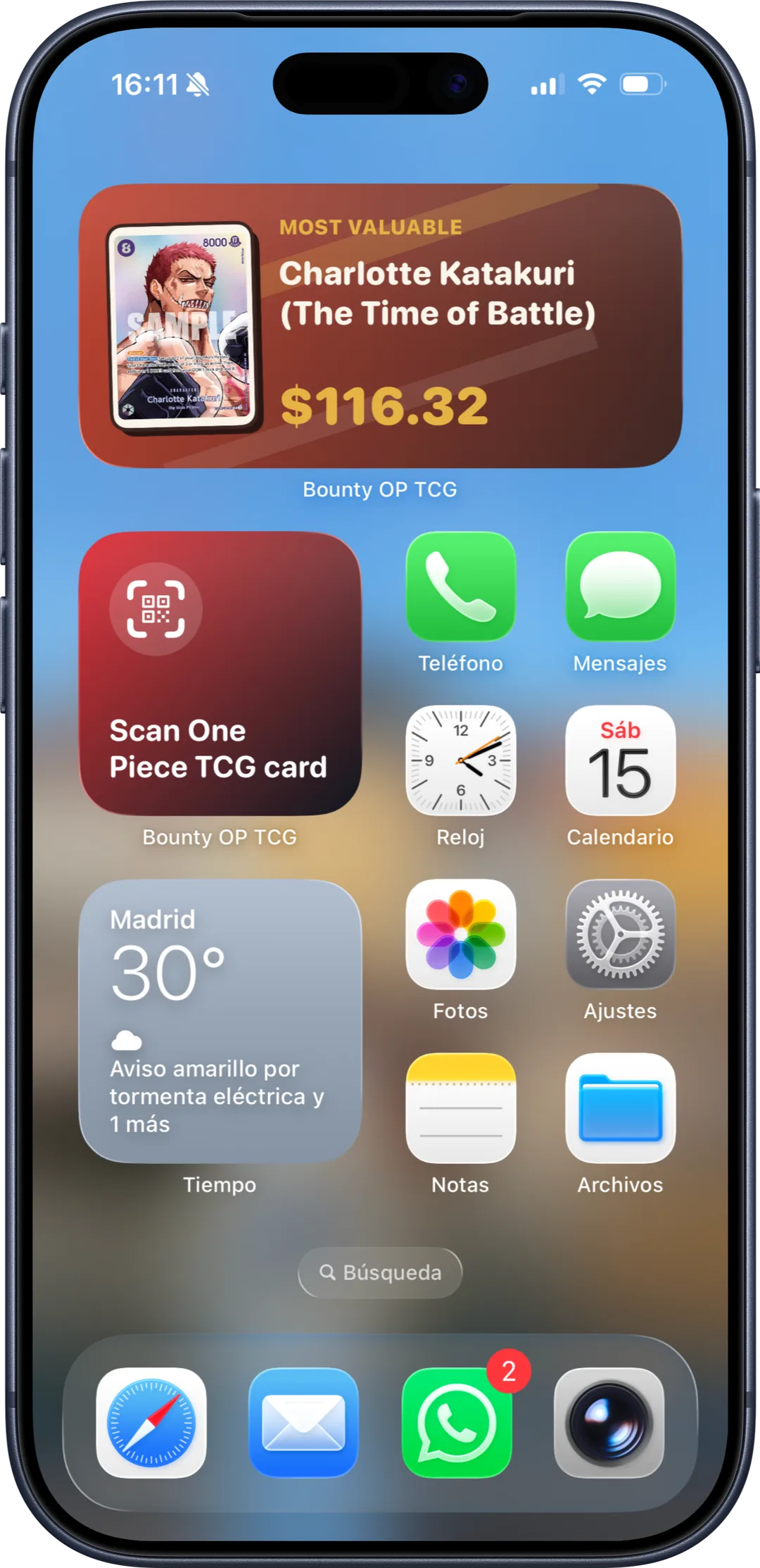 iPhone Home Screen with Bounty widgets: the most valuable card and a one-tap scanner shortcut